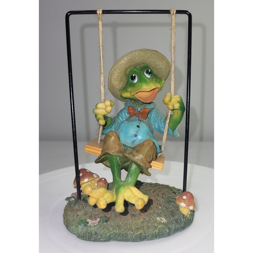 Happy Country Frog Kitschy Figurine Red Mushroom Hat Swing Whimsical Decor Vtg